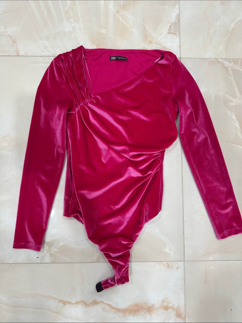 Zara Fuchsia Long-Sleeve Draped Velvet Bodysuit